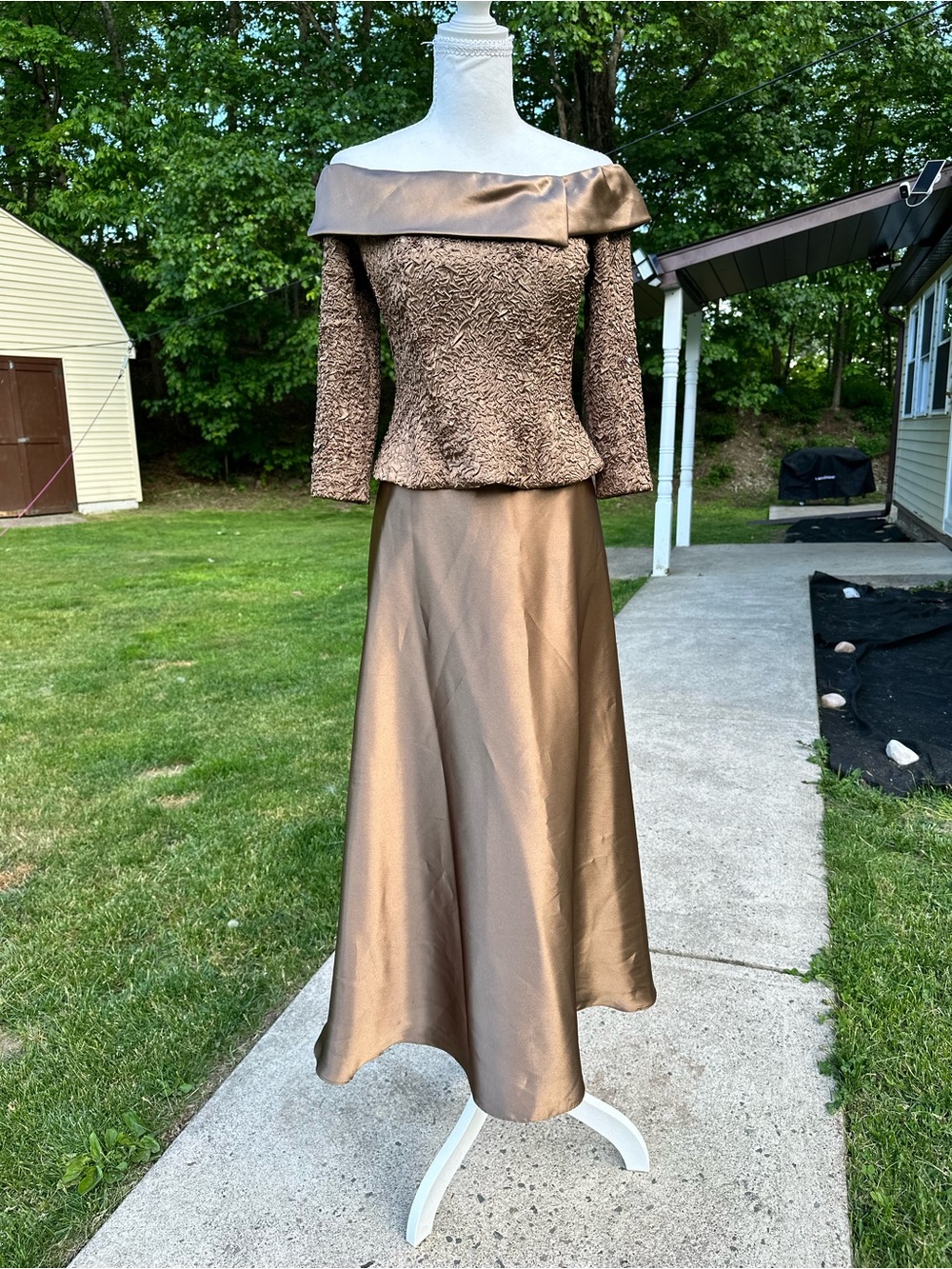 Alex Evenings Bronze Two-Piece Evening Gown with Off-Shoulder Bodice